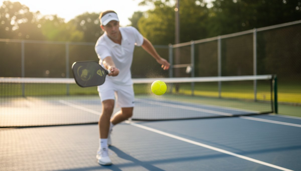 ピックルボールプレイヤーがパドルでボールを打つ瞬間