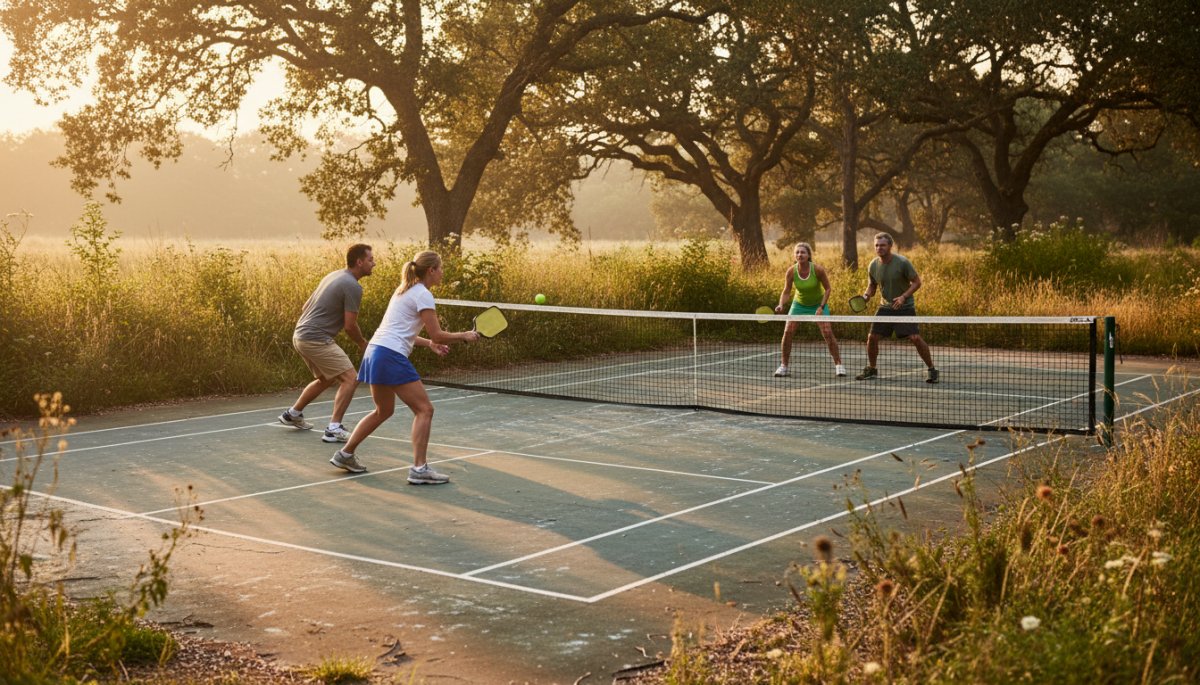 屋外のピックルボールコートでプレーを楽しむ人々