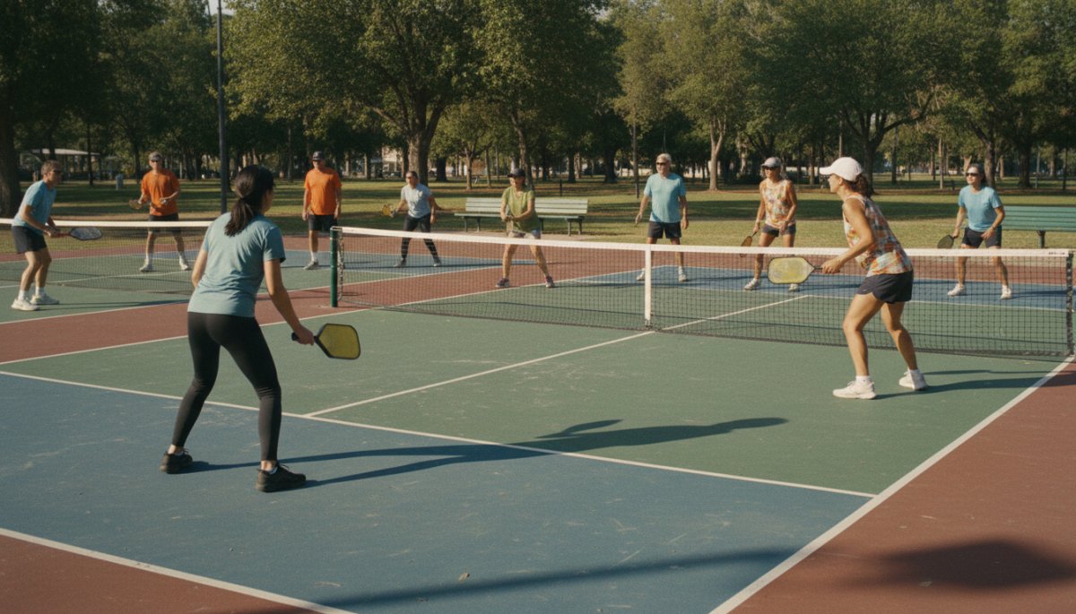 ピックルボールコートでプレーする多世代の人々