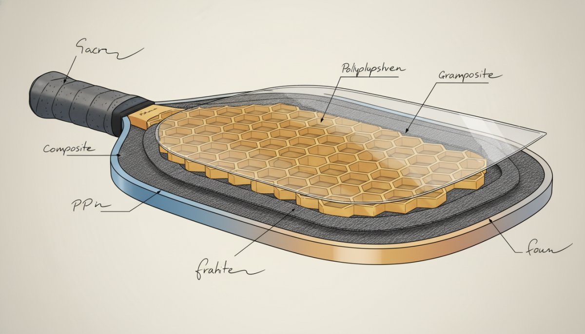 ピックルボールパドルのPPハニカムコア構造とフェイス素材の断面図