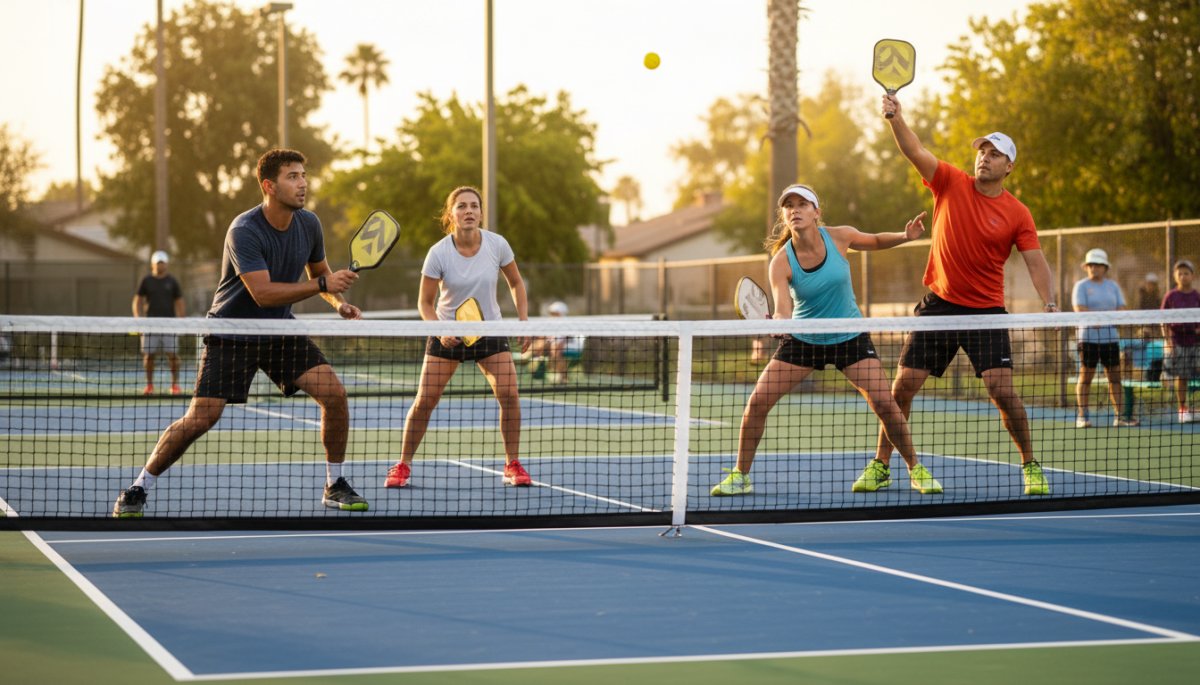 ピックルボールのラリー中のプレー風景