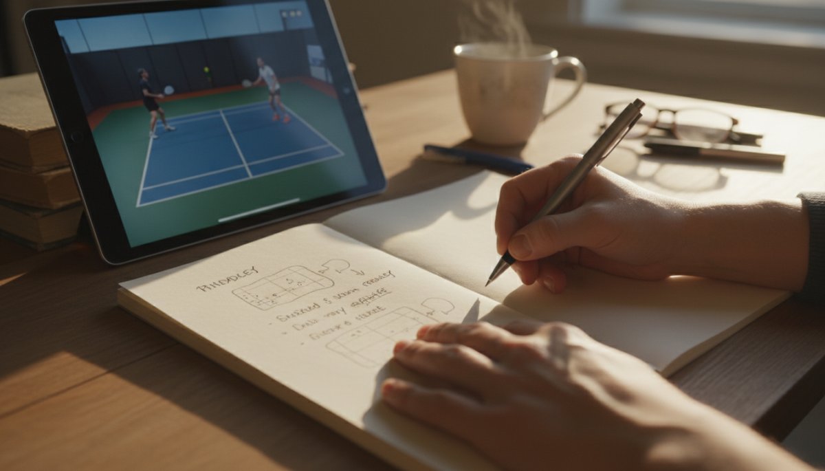 ピックルボールの練習メモを取る様子