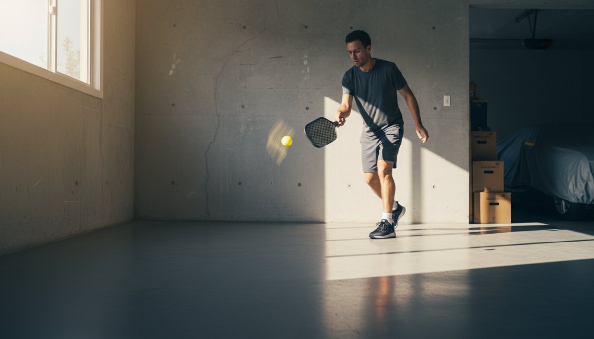 自宅でピックルボールの壁打ち練習をする様子