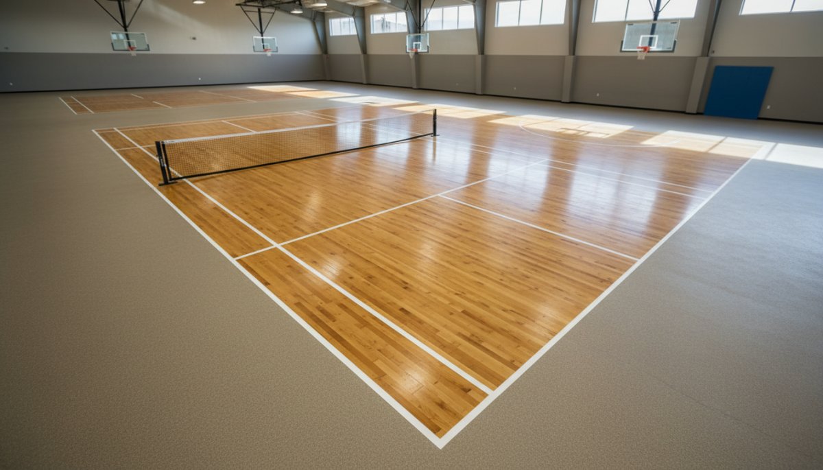 ピックルボールコート設営に必要な周辺スペース、体育館での配置例