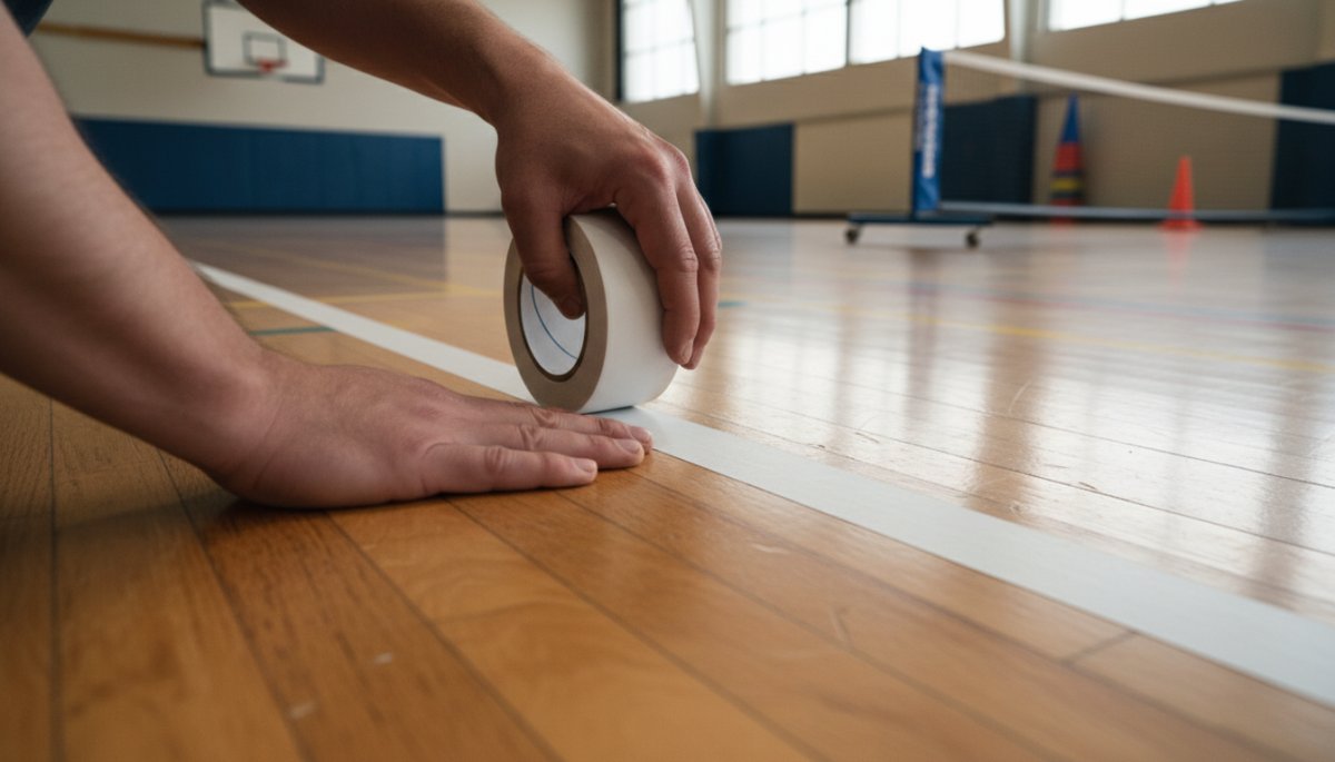 ピックルボールコートのライン引き作業、養生テープ使用例