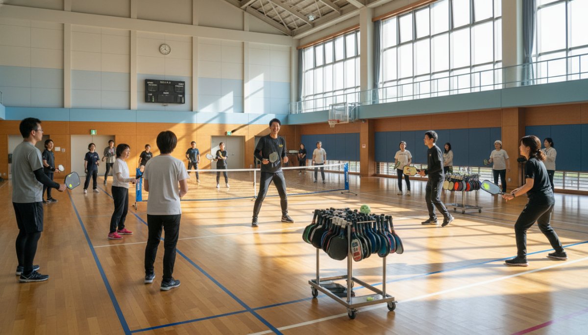 ピックルボール体験会の様子、初心者がコーチから指導を受けている