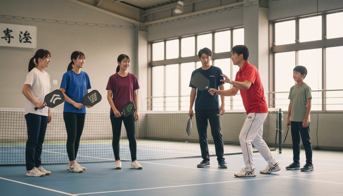 ピックルボールの練習風景、コーチと生徒たち