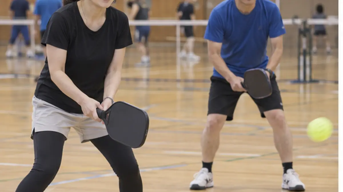 初めての試合前にコートでウォームアップする初心者ペア