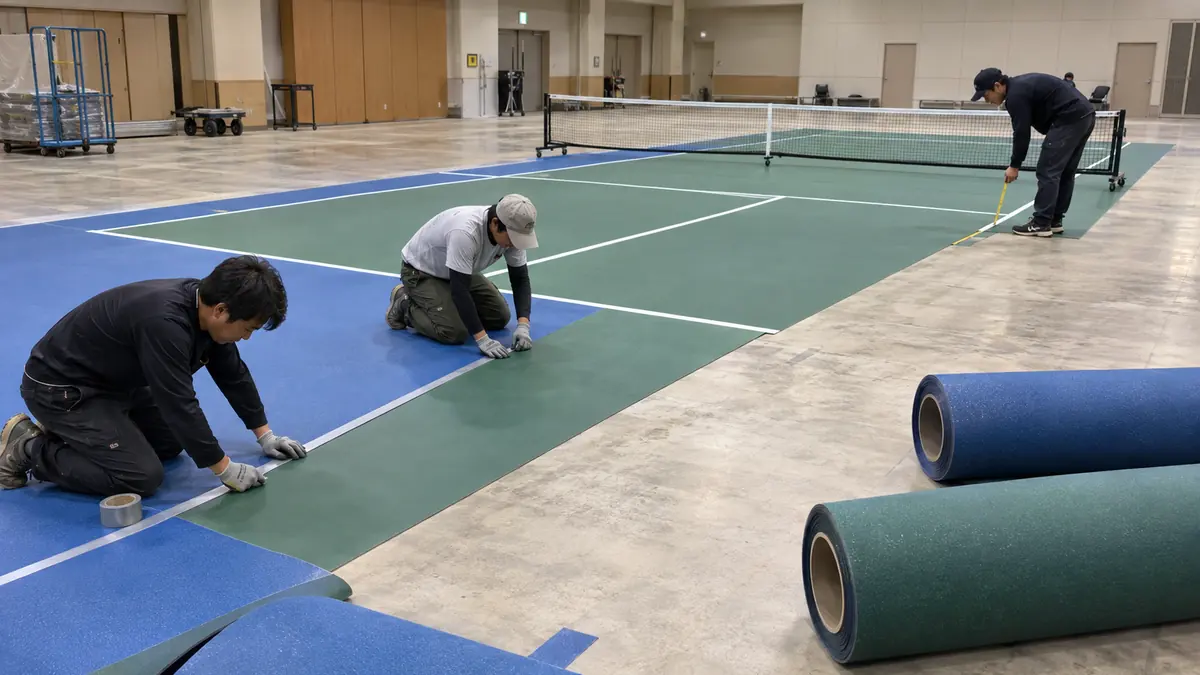 既存の多目的ホールにロール式コート面を施工する様子