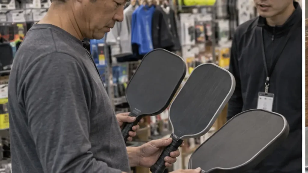 スポーツ用品店で3種類のパドルを比較するプレーヤー