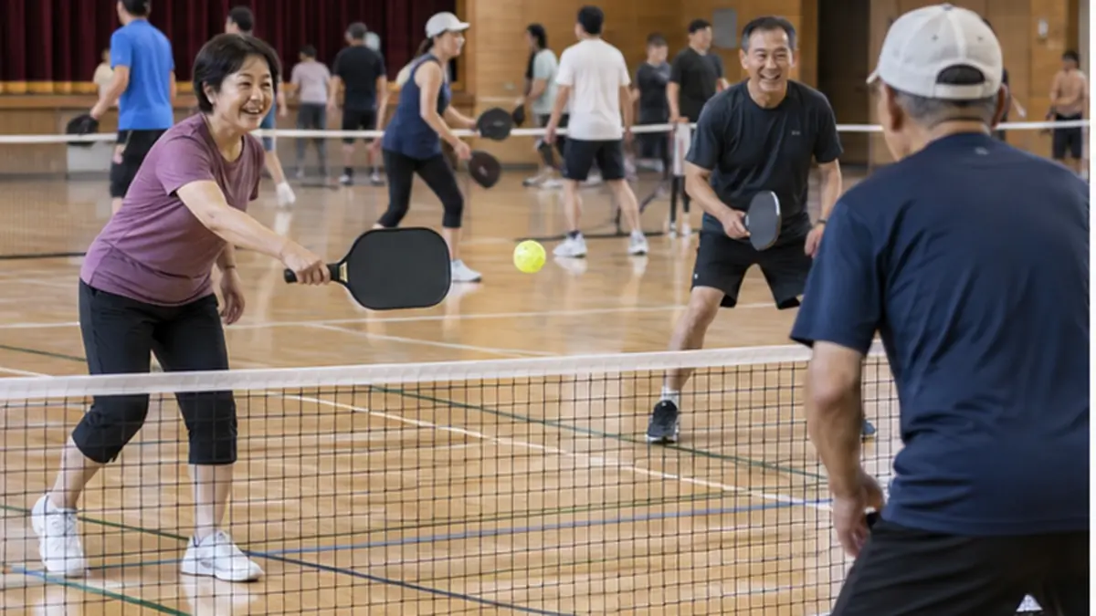 地域のオープンプレーでピックルボールを楽しむ参加者