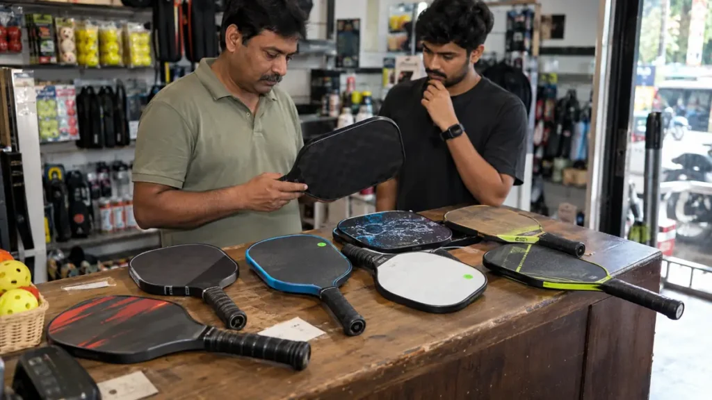 インドのスポーツ用品店で複数のピックルボールパドルを比較する様子