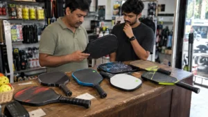 インドのスポーツ用品店で複数のピックルボールパドルを比較する様子