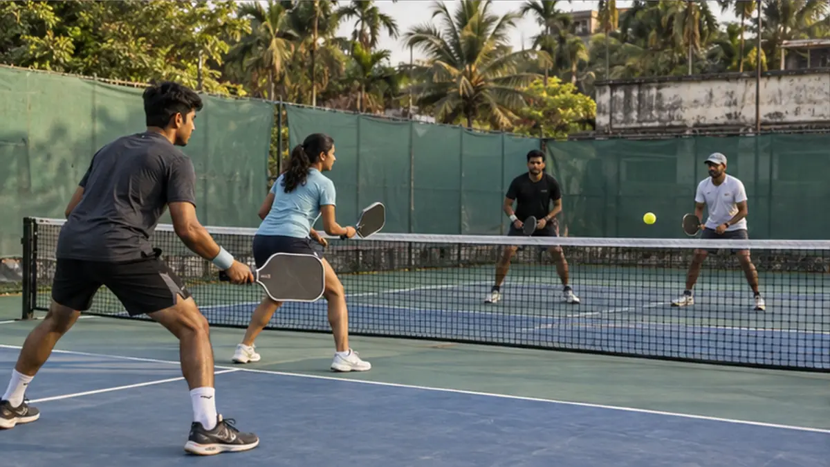 地域のスポーツクラブでダブルスを練習するインドの若者