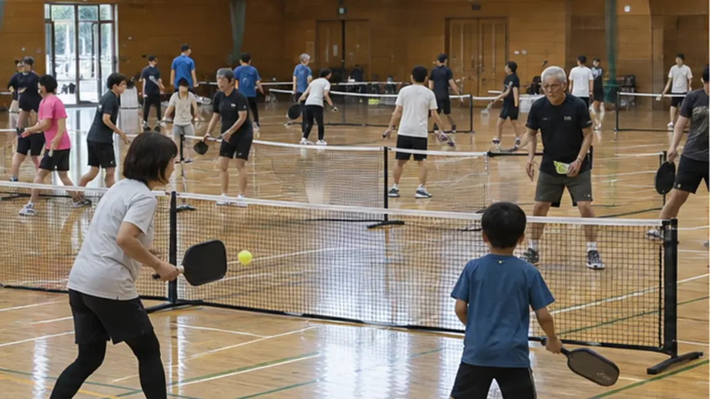 日本の体育館で世代を超えて楽しむピックルボール参加者