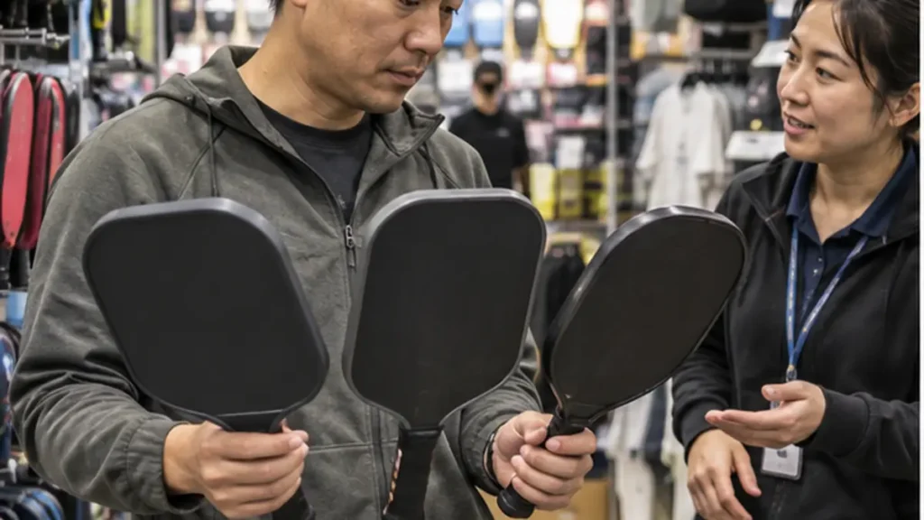 スポーツ用品店で複数のパドルを比較する男性