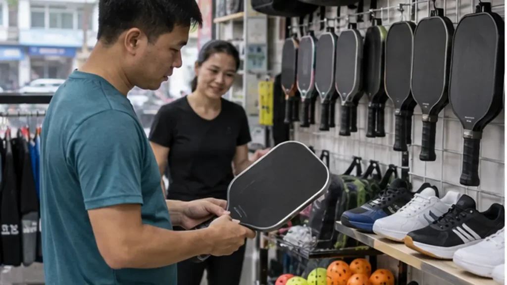ベトナムのスポーツ用品店でパドルを選ぶ男性