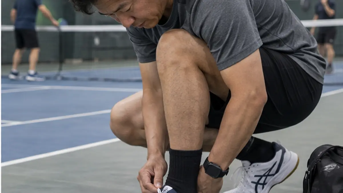 コート脇で靴ひもとかかとのフィットを調整する選手