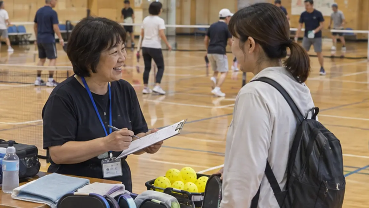 公共体育館でクラブ受付をする初参加者
