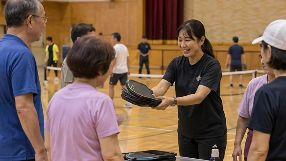 京都の体験会で参加者にパドルを貸し出すスタッフ