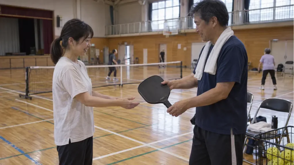 体育館で初心者にグラファイトパドルを手渡すクラブスタッフ