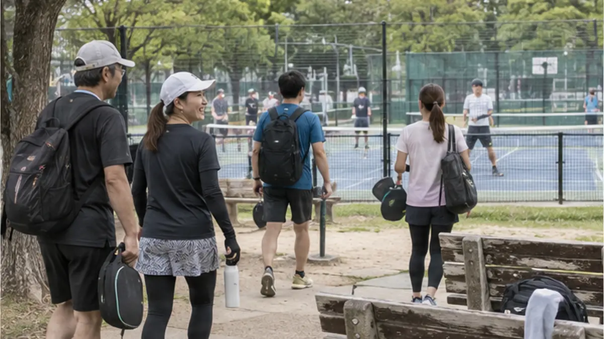 大阪の公園コートへ用具を持って向かう参加者