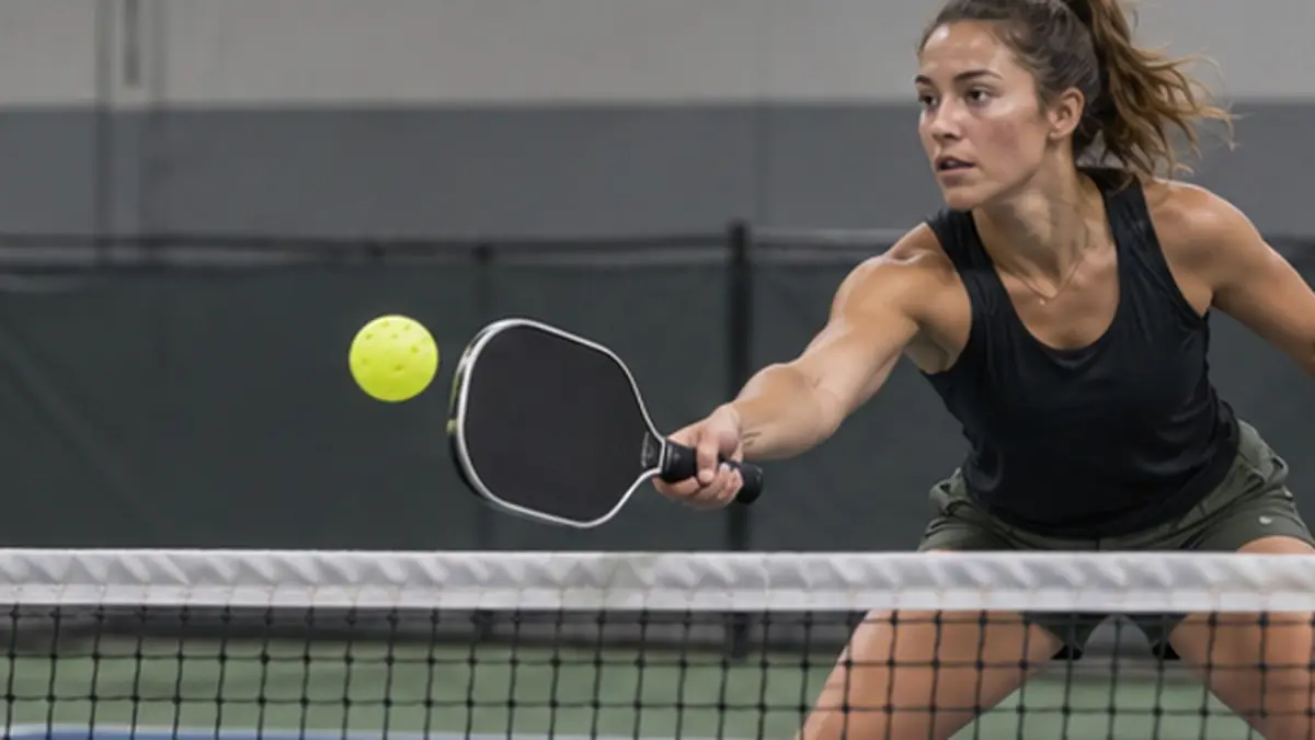 軽量パドルでキッチンラインのボレーを返す女性選手