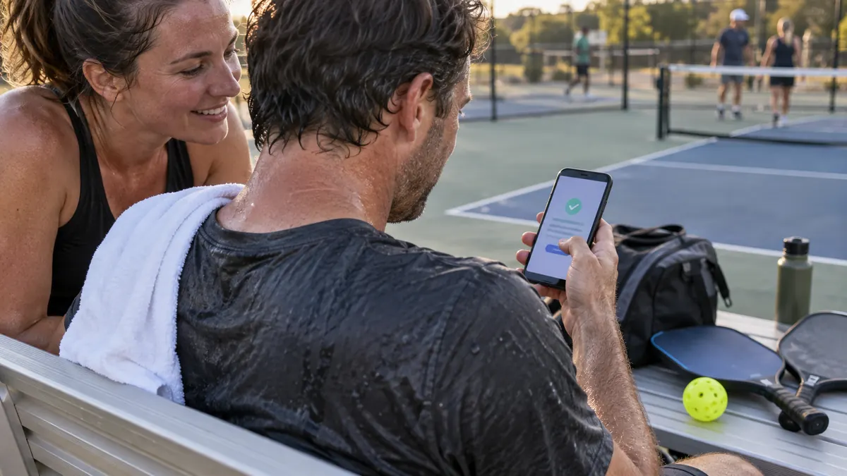 試合直後にスマートフォンで賞金の入金を確認する選手ペア