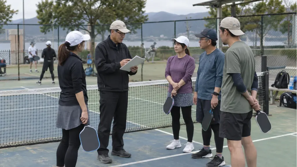 試合前に2026年のルール変更を確認する選手と審判