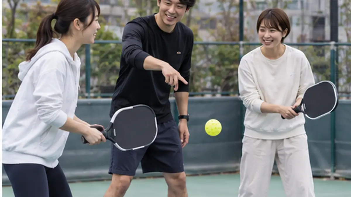 初心者に短いラリーを教えるピックルボール講師