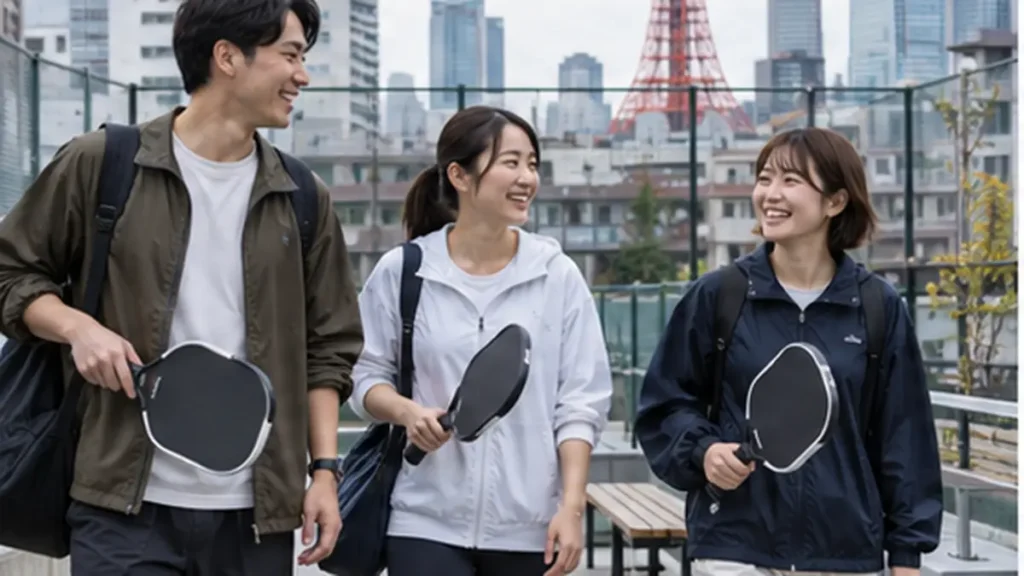 東京タワーを望む屋上コートへ向かう初心者グループ