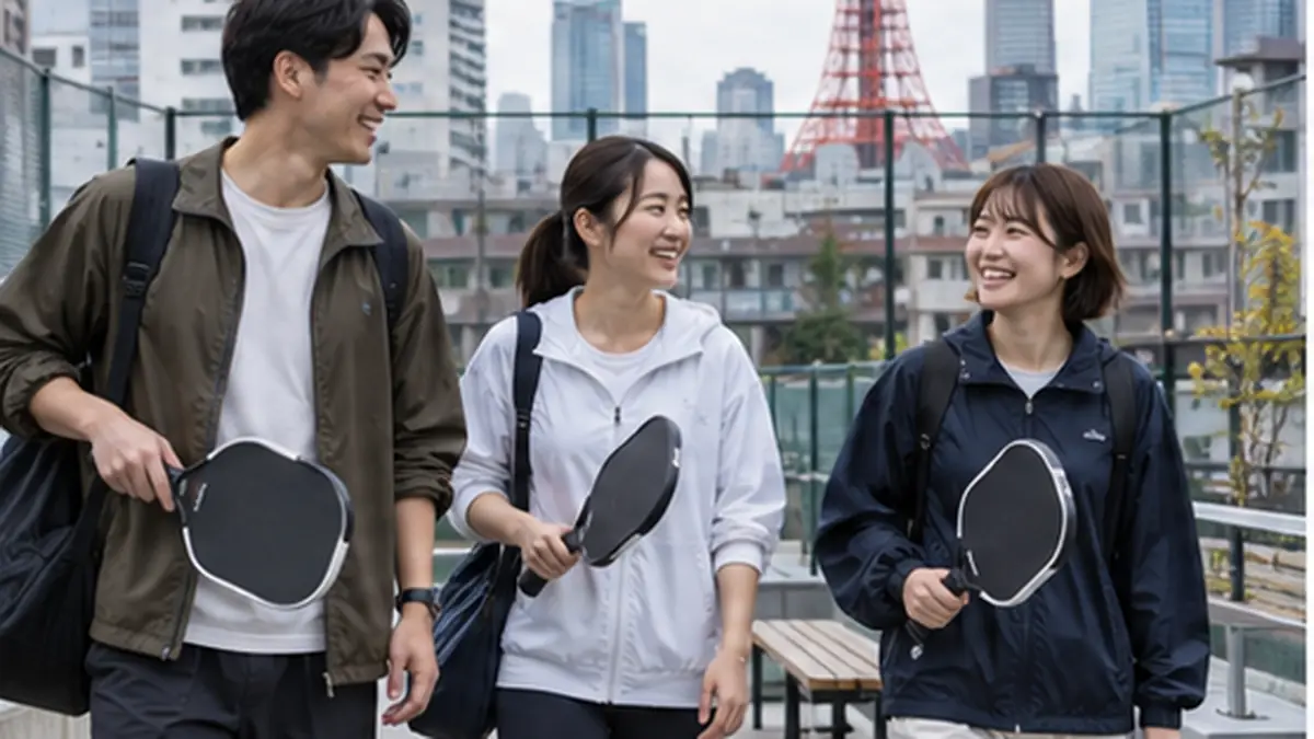 東京タワーを望む屋上コートへ向かう初心者グループ
