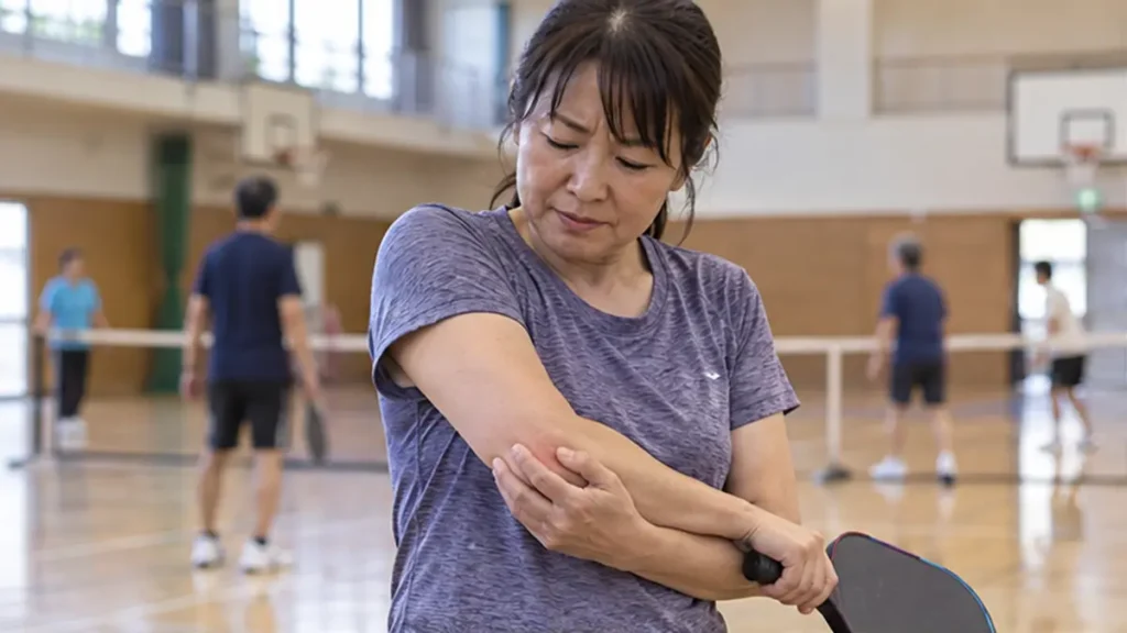 プレー後に肘の外側へ違和感を感じる女性プレイヤー