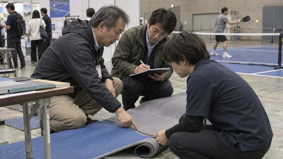 展示会で取り外し可能なコート床材を確認する施設関係者
