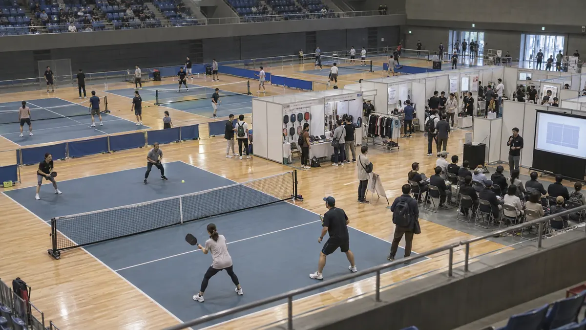 ピックルボール体験コートと企業展示とセミナーが並ぶ会場