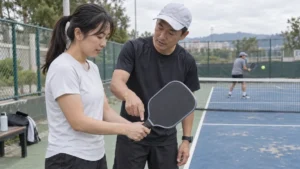 屋外コートでコーチからパドルの握り方を教わる選手