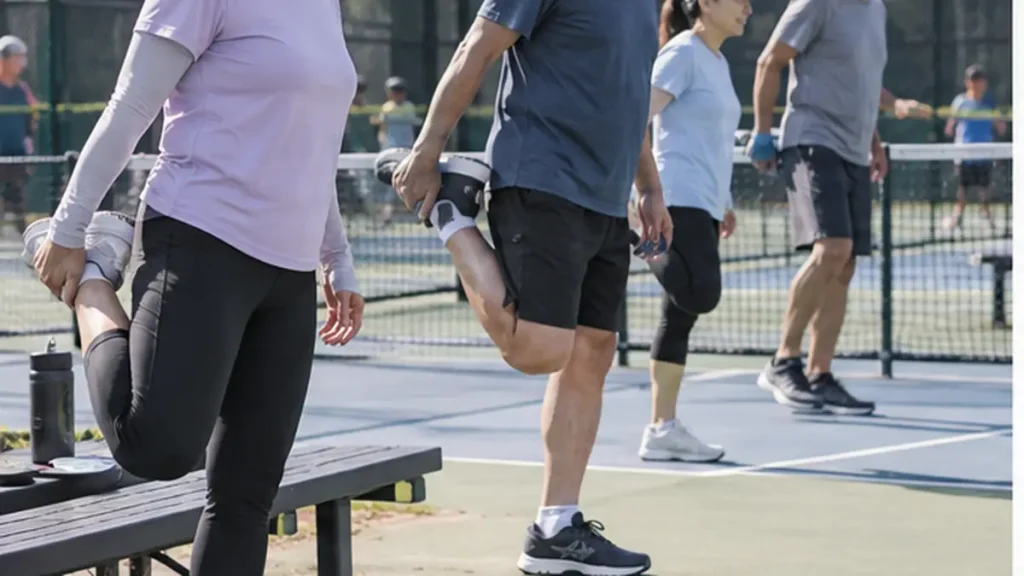 プレー前に脚の動的ストレッチをする中高年の参加者