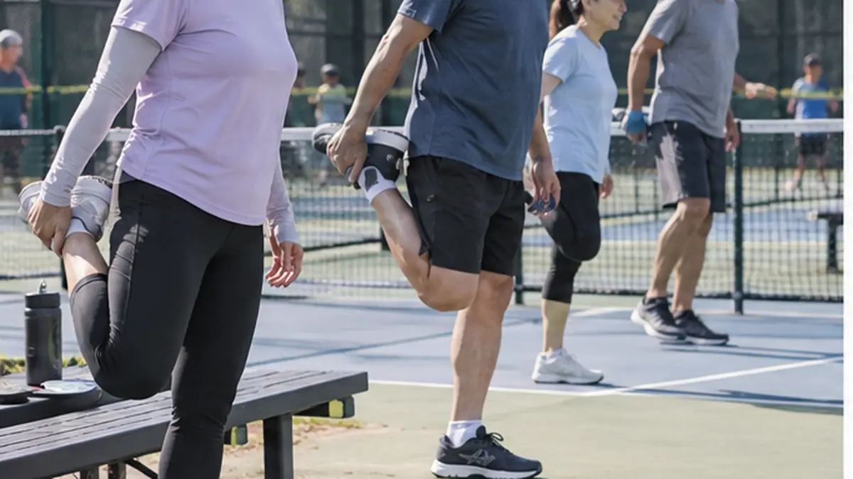 プレー前に脚の動的ストレッチをする中高年の参加者