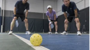 白いライン際に落ちたピックルボールを見守る選手たち