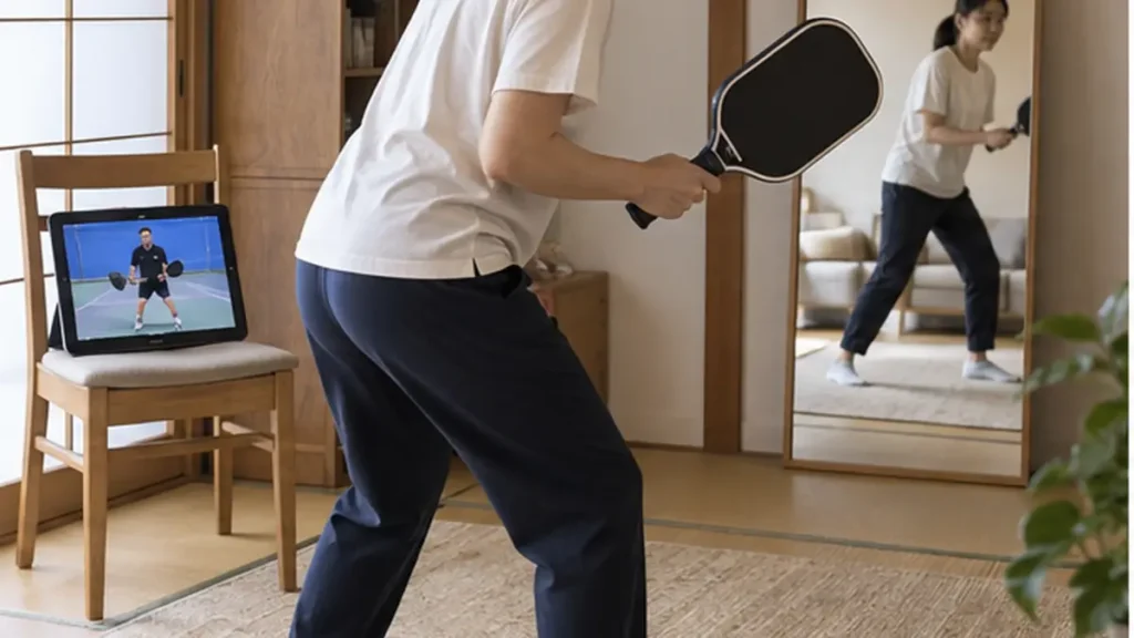 自宅で動画を見ながらピックルボールの姿勢を練習する女性