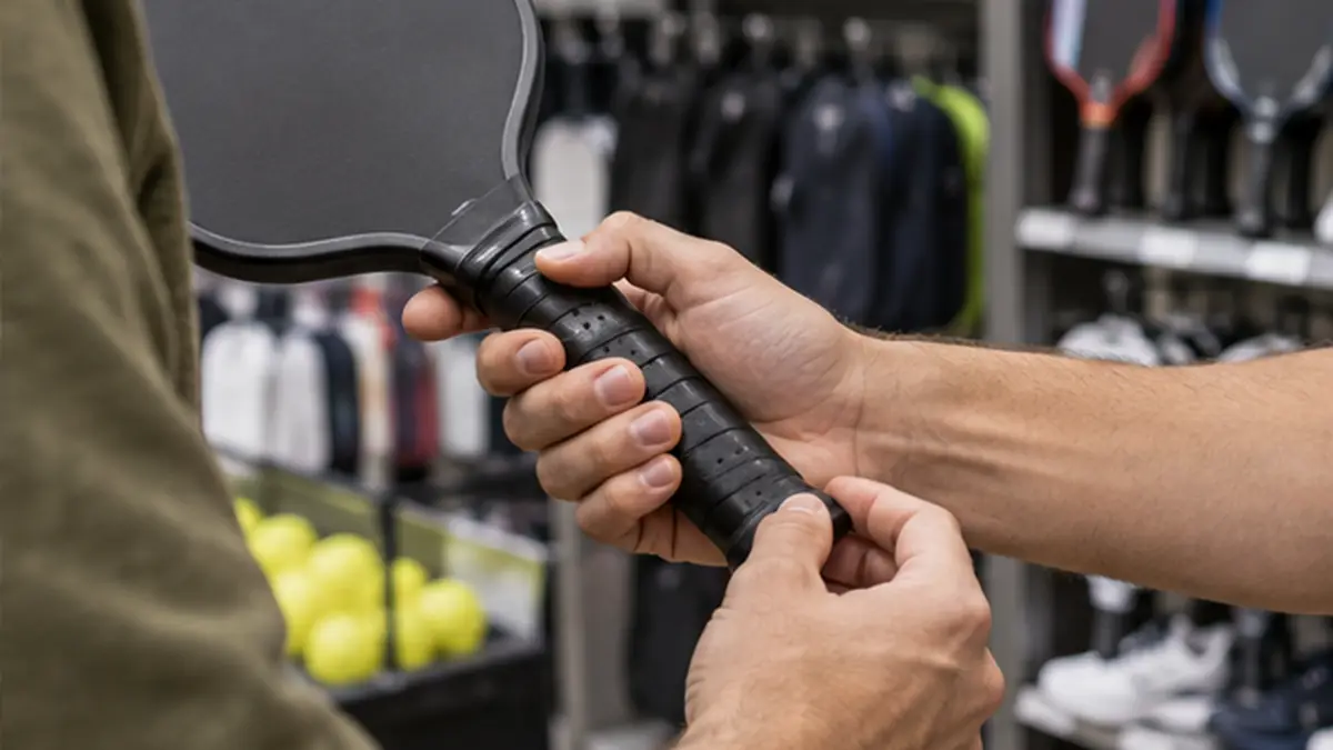 スポーツ店でパドルのグリップを確かめる利用者