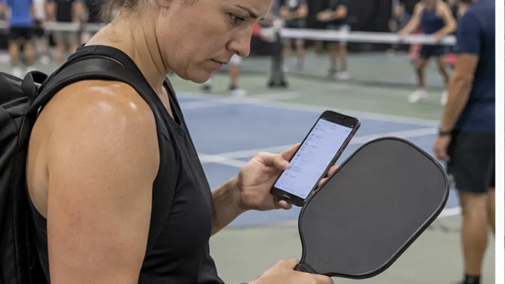 大会前にパドルの承認状況をスマートフォンで確認する選手