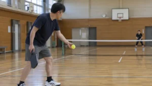 市民体育館のベースライン後方からアンダーハンドサーブを構える男性