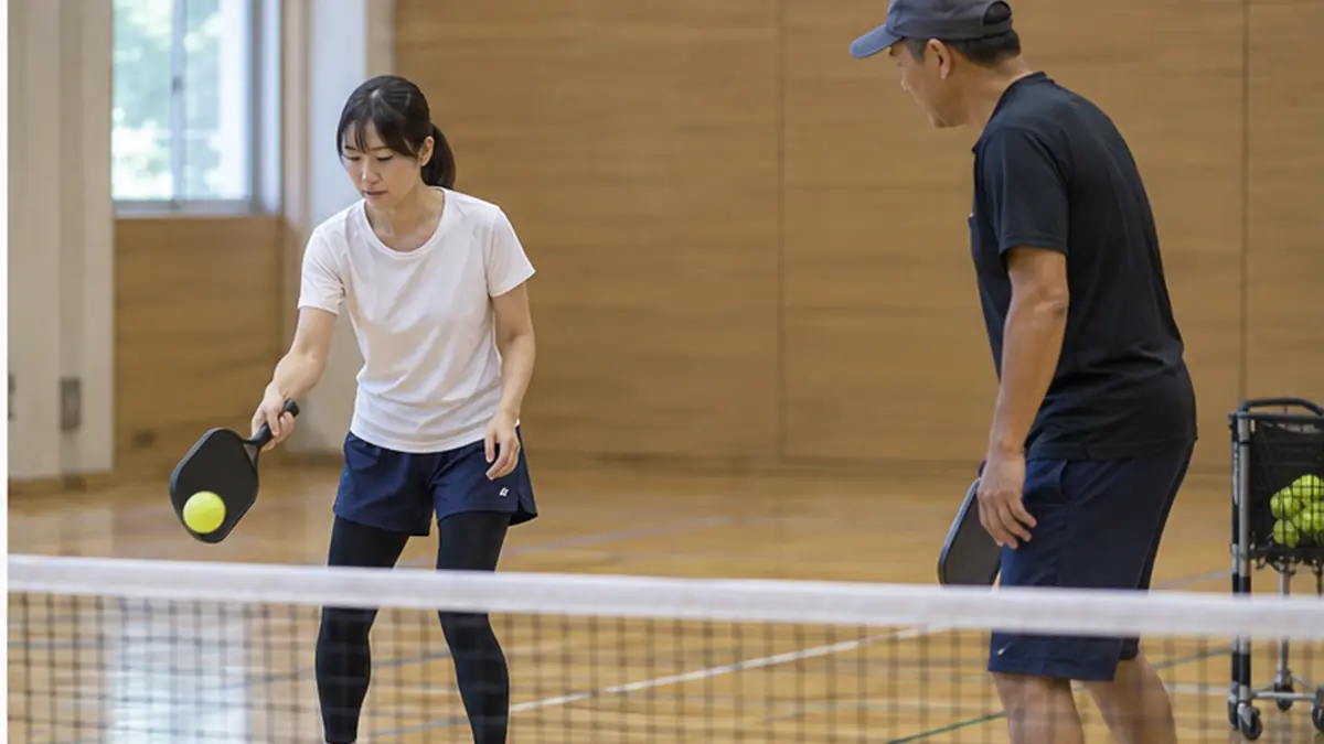 コーチと落ち着いてディンクを練習する初心者の女性