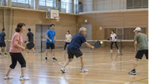 市民体育館で異なるレベルの参加者が練習するクラブ風景