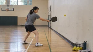 体育館の壁を使って一人でピックルボールを練習する選手