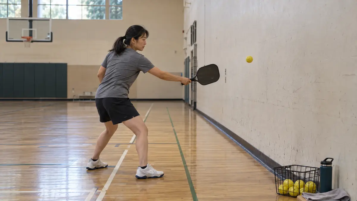 体育館の壁を使って一人でピックルボールを練習する選手