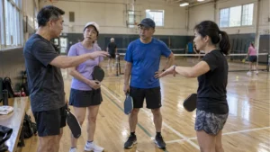 体育館のコート脇で戦術用語を確認するピックルボール参加者