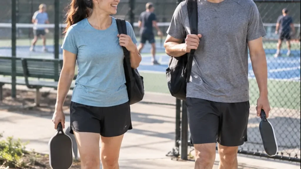 動きやすいスポーツウェアでコートへ向かう男女
