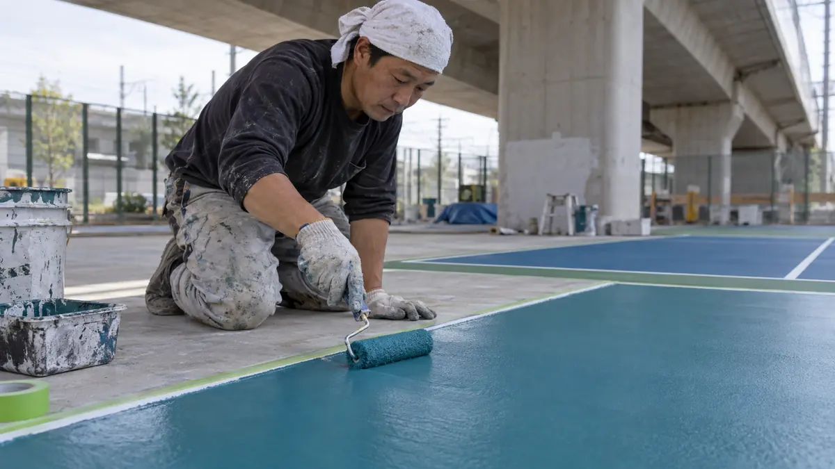 高架下で多層クッションのコート表面をローラー施工する作業員